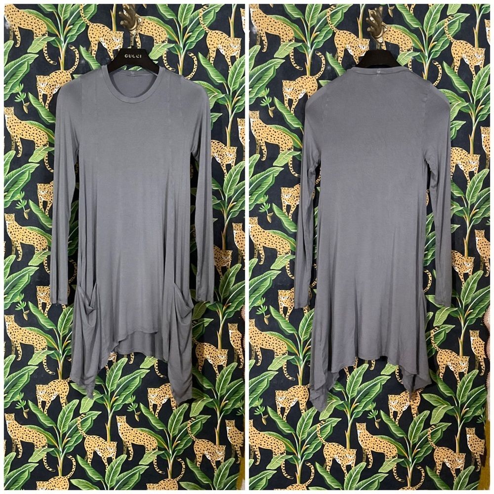 Lauren Moshi Elephant Grey Long Sleeve Asymmetrical Hem Swing Dress w/Pockets